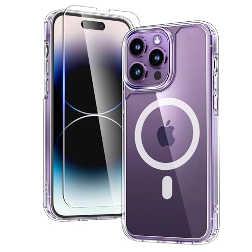 TAURI 2 in 1 Magnetic for iPhone 14 Pro Case Clear Compatible with Magsafe [Not-Yellowing] with Screen Protector Military-Grade Protection Slim Case for iPhone 14 Pro