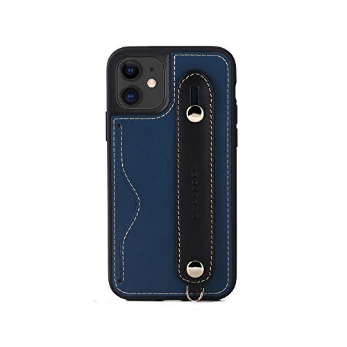 iPhone12 mini ケース 本革 グリップケース レザー ストラップ付属 イタリア製牛革 ヌメ革 片手操作 カード収納 スタンド機能 メンズ レディース ブルー/ブラック CGH-12Mini-Blue-BK