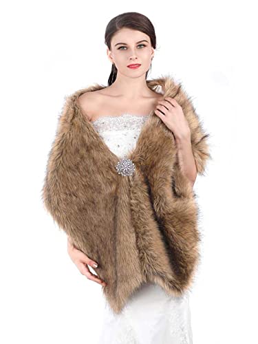 Unicra Women's Wedding Faux Fur Shawls and Wraps Bridal Fur Scarf Stoles with Rhinestones Brooch for Bride and Bridesmaids3