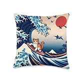 Surfing Cat Hokusai Great Wave Off Kanagawa Japanese Retro Throw Pillow