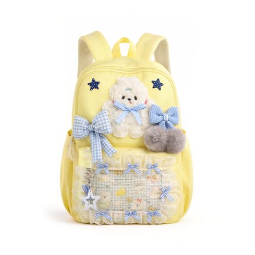 PALAY® School Bag for Girls Yellow Nylon Backpack Cute Plush Cartoon Bow Bookbag Kawaii Y2k Harajuku Daypack for Primary, Elementary, Middle School