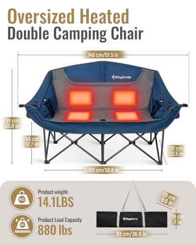 Image of KingCamp Heated Double Camping Chair, Oversized 880lbs Heavy Duty Loveseat for Adults Portable Folding XL 2 Person Couch Padded Comfortable with 3 Heat Levels for Outdoor Sports Lawn, Blue /Grey