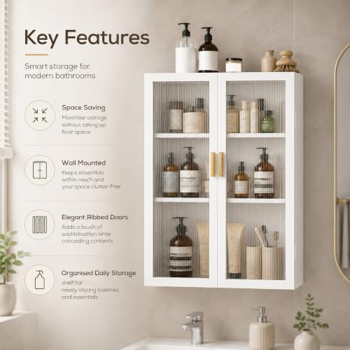 Image of Bathroom Storage Cabinet | Bathroom Accessories Set, Washroom Organiser Cabinet | 3 Layer, Space Saving Carbon Steel Shelf, White, 40 Cm, Pack of 1