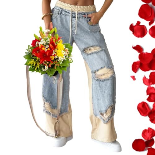 Women's Denim Trousers with Stitching and Ripped Design, Summer Drawstring Elastic Waist Wide Leg Patchwork Jeans