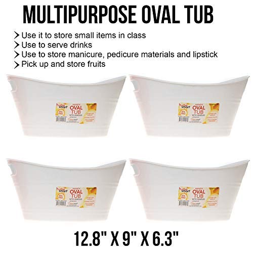 Oval plastic storage tubs with handle - Small size: (12.8" x 9" x 6.3") - Oval plastic tub with handle - beverage and ice bin - store small items at home, classroom, beauty salon. (Pack of 4 white)