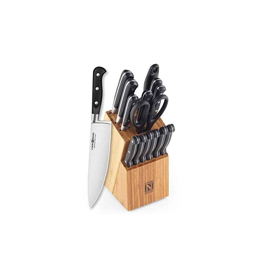 Cook-N-Home-15-Piece-Knife-Set-with-Bamboo-Storage-Block-Stainless-Stee-Silver Cook N Home Kitchen Knife Set with Bamboo Storage Block 15-Piece, High Carbon Stainless Steel Blade, Black