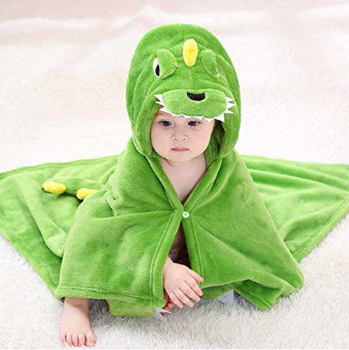 Image of TONWHAR 0-4 Years Toddlers' And Kids' Boys Girls Animal Face Hooded Blanket Baby's Bathrobe,Plush After Bath Blanket (Green Dinosaur)