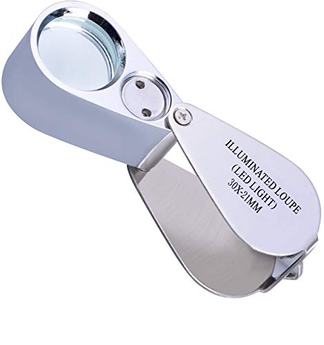 30X Full Metal Jewelry Loop Magnifier,Illuminated Pocket Folding Best Magnifying Glass Jewelers Eye Loupe with LED Light(LED Currency Detecting/Jewlers Identifying Type Lupe)