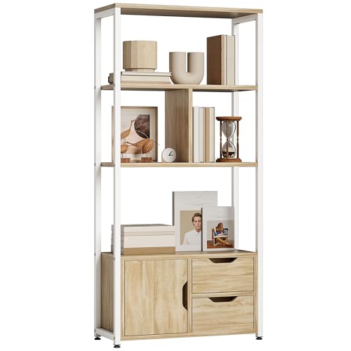 HOMCOM Librería, Estantería para Libros con 4 Estantes, 2 Cajones y Puerta, 58x24x122 cm, Estantería Industrial para Salón, Dormitorio, Estudio, Oficina, Madera Natural