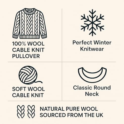 100% Pure British Wool Jumper for Men - Cable Knit, Crew Neck Arran Jumper - Heavy Knit Pullover - Round Neck Winter Sweater3