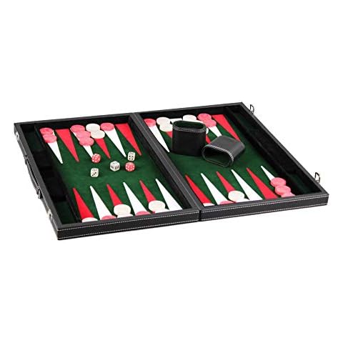 Chessgammon BACKGAMMON SET LEATHER BLACK AND INLAID MALACHITE GREEN,FOLDABLE TRADITIONAL ADULTS KIDS FAMILY TRAVEL BACKGAMMON GAME SET BRIEFCASE GAME SET DOUBLING DICES, 15" Cover