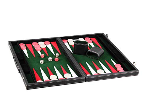 Chessgammon BACKGAMMON SET LEATHER BLACK AND INLAID MALACHITE GREEN,FOLDABLE TRADITIONAL ADULTS KIDS FAMILY TRAVEL BACKGAMMON GAME SET BRIEFCASE GAME SET DOUBLING DICES, 15"