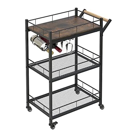 ANYHI Drinks Trolley with Wine Rack and Handle, Kitchen Trolley Serving Trolleys with Wheels for Home, Modern Bar Cart with 3 Tiers Storage Shelves Cover