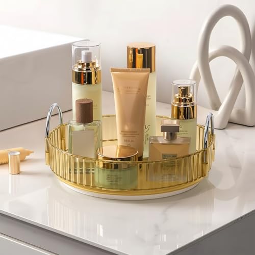Image of JD FRESH 360 Degree Rotating Makeup Organizer 1 Layer Cosmetic Storage Box Vanity Stand with Drawers for Lipsticks Skincare Perfume Bathroom Countertop Dressing Table Organizer (Light Gold)