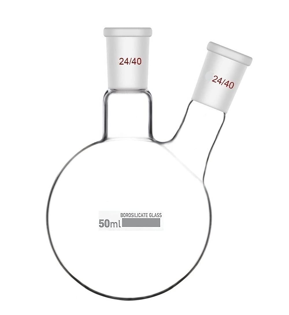 FZN 2 Neck Round 50 ML Bottom Boiling Flask with 24/40 Center & Side Joints Angled Receiving Reflux Flask Multi Neck Apparatus Organic Chemistry Lab Glassware