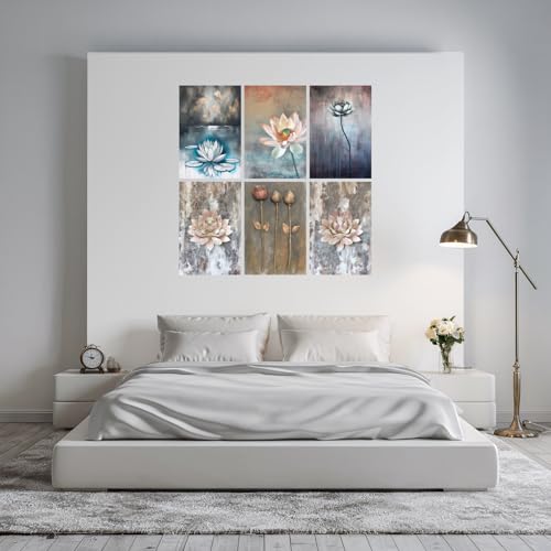 Image of SiddArtify Serene Lotus Flower Art Print Set - Teal Grey and Rose Gold - 300GSM Board - 8x12 Inch - Pack of 6 Wall Room Decoration art Poster Prints