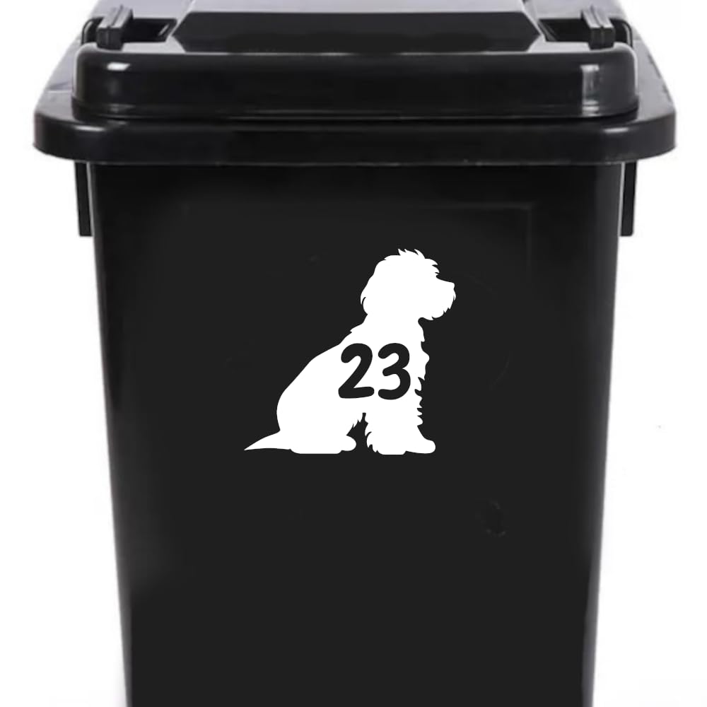 Pack of 4 Pet Dog Cockapoo Waterproof Wheelie Bin Stickers - Cute Stickers - Garden Accessories - Bin Stickers for Wheelie Bins - Number Stickers - Dog Door - Stick On Numbers (14cm x 14cm)