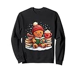 Joli personnage en pain d'épices dans un chapeau et une écharpe d'hiver confortables, lisant un livre festif entouré de neige, de cacao chaud et d'ambiance de vacances. Design de Noël parfait pour les amateurs de livres, la lecture confortable et les cadeaux de vacances.