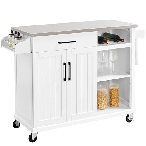Yaheetech Kitchen Island Cart with Stainless Steel Top, Rolling Storage Cabinet on Wheels with Drawer& Wine Rack & Spice Rack, Sideboard Buffet with Towel Bar, White