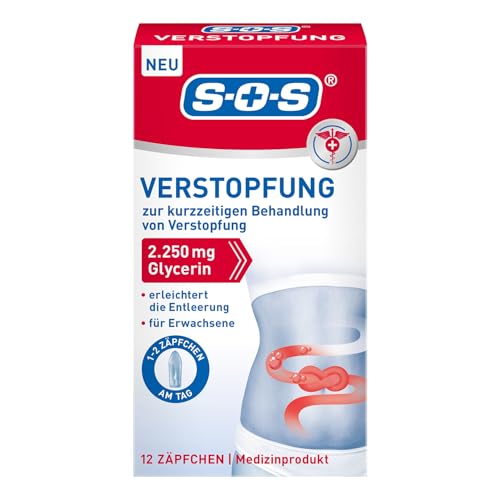 SOS Verstopfungs-Zäpfchen | Zur kurzfristigen Behandlung von Verstopfung | 2.250 mg Glycerin | 12 Zäpfchen für Erwachsene