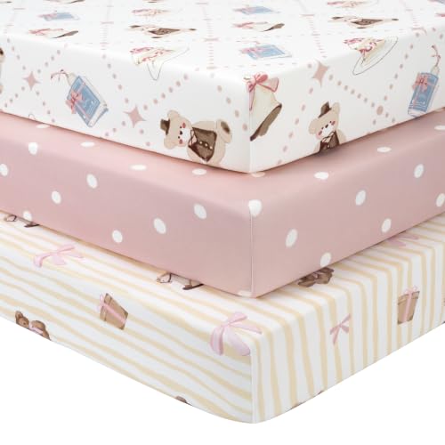 Image of Baby Mini Crib Sheets Girl, Portable 38 inchx26 inch Pack and Play Sheets Fitted for Playard and Pack N Play Mattress, 3-Pack Soft Microfiber Pink Bear