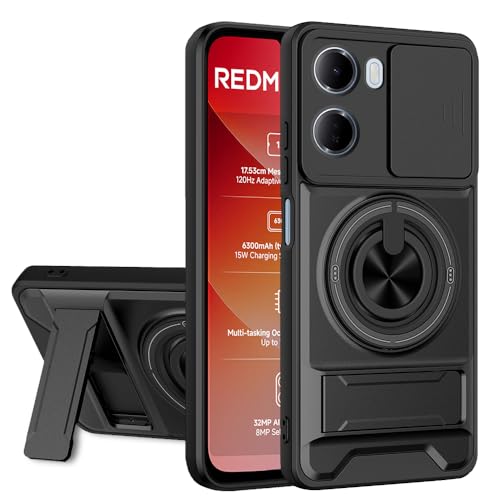 Image of AESTMO Redmi 15A 5G Back Cover | Armor Camera Slider 360 Degree Rotating Finger Ring Holder Case with Bracket Stand Back Case Cover (Compatible with MagSafe Accessories) (Black)