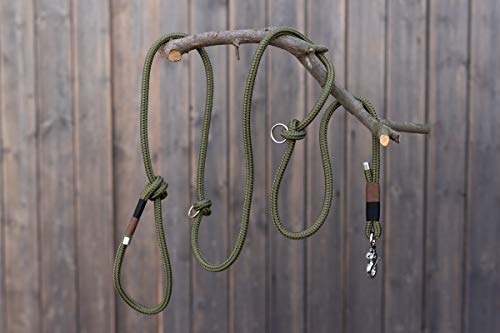 Wau-Effekt - Retrieverleine aus Segeltau mit Zugstopp - 100% Handarbeit - längenverstellbar und stufenlos größenverstellbar aus robustem Segeltau (M (200cm, 10mm Tau), Grün - Dunkelblau Braun)