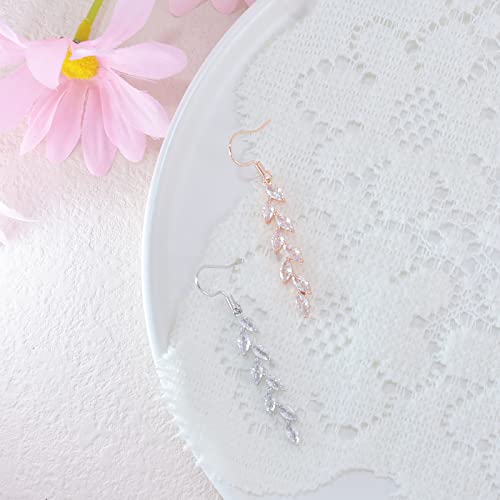 Wedding Dangle Earrings, Marquise Cubic Zirconia Crystal Chandelier Earrings For Brides, Bridesmaid, Women And Girl Prom, Rose Gold Leaf Long Drop Earrings (Rose) #TOP4