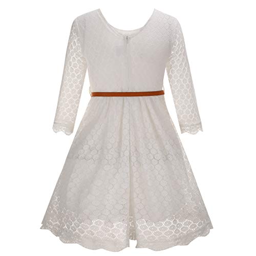 Girls Dresses Flower Girl 6T White Lace Long Sleeve Casual Knee Length Bridesmaid Wedding Church Dress Girl Party Pageant Gowns With Belt White Dress For Kids (Size 6-7 Years)=Ls White-140 #TOP1