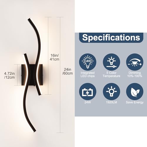 Image of CANEOE Black Modern Wall Sconce Set of 2, 24in Dimmable Led Wall Sconce Lighting, Hardwire Indoor Led Wall Lamps for Living Room Bedroom Bathroom Hallway (2 Packs) (Black, 24in)