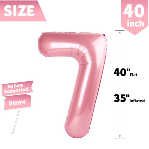 Image of 40 Inch Pastel Pink Number 7 Balloon, 7th Birthday Party Decorations | 40 Inch Pastel Pink inflatable foil number balloons, large birthday decorations for 7th birthday