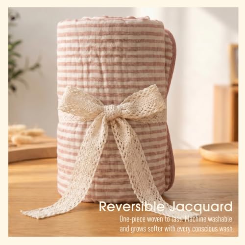 Image of Ultra Soft Muslin Baby Blanket - Made with Organic Cotton, Earthy Botanicals Jacquard Swaddle & Crib Quilt, 43x43 (Dusty Pink Stripes)