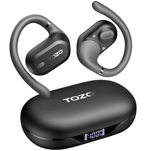 TOZO OpenWear Open Ear Headphones, Adjustable Ear Hooks, Ultra Comfort, Punchy Bass Bluetooth Headphones 5.4 with Smart Digital Display, Immersive Audio Earbuds, Stereo Bass, Fast Charging