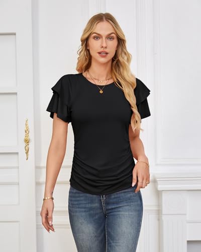 GRACE KARIN Women's Fall Tops Ruffle Sleeve Basic T Shirts Dressy Casual Ruched Work Blouses Trendy Clothes 2025 Summer4