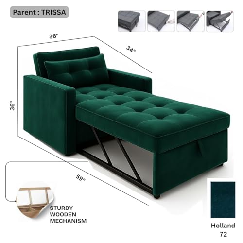 Image of FURNY Tressa 1 Seater Fabric Pull-Out Sofa Cum Bed (Greenish Teal) - Premium Velvet Finish - Durable Comfort Sofa Bed - Ideal for Living Room