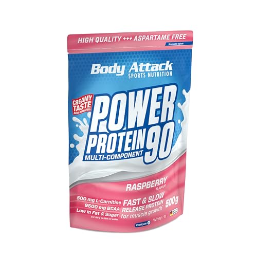 Body Attack POWER PROTEIN 90 - Raspberry - 500g Beutel - Mehrkomponenten Protein Pulver, Made in Germany - Mit BCAA, Vitaminen & L-Carnitin - Protein Shake extra cremiger Geschmack, gute Löslichkeit