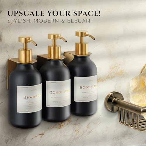 Shower Shampoo Dispenser Wall Mounted – 3 Refillable 16.9 oz Black Bottles with Stainless Steel Pumps & No-Drill Adhesive Holders – Soap Dispenser Set for Bathroom (3 X Black/Gold) - image 2