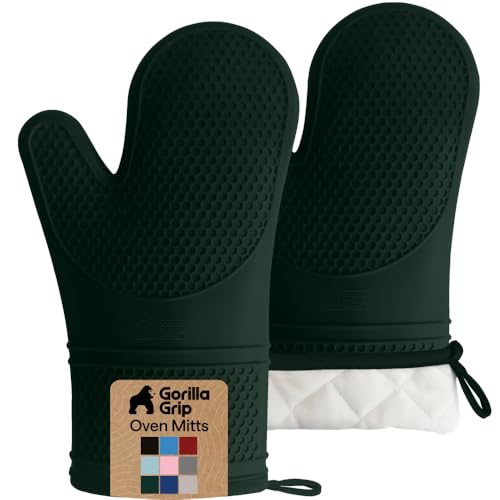 Image of GORILLA GRIP BPA-Free Soft Silicone Oven Mitts, 550F Heat Resistant Waterproof Cooking Safety Gloves, Cotton Lining, Flexible Gripping for BBQ Grilling, Kitchen Potholders Set, 12.5x8.3, Hunter Green