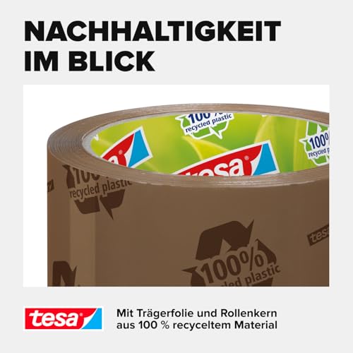 tesa tesapack Eco & Strong - Umweltschonendes Paketband aus 100% recyceltem Kunststoff, UV- und alterungsbeständig - Braun bedruckt - 66 m x 50 mm
