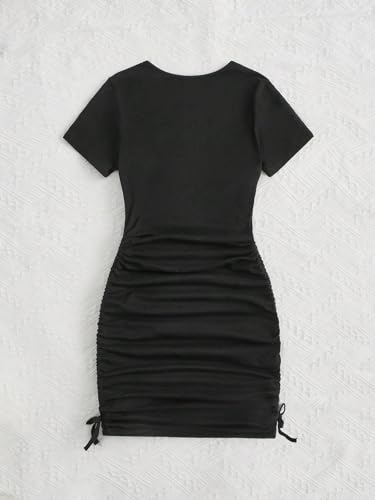 Verdusa Girl's Short Sleeve Rhinestone Star Pattern Drawstring Side Ruched Dress2