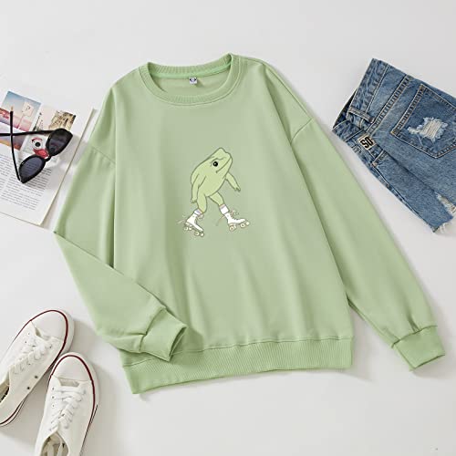 Keevici Cute Frog Sweatshirt For Teen Girls Kawaii Hoodie Oversized Aesthetic Animal Print Sweaters Baggy Crewneck Pullover (Light Green,Xl,X-Large) #TOP2