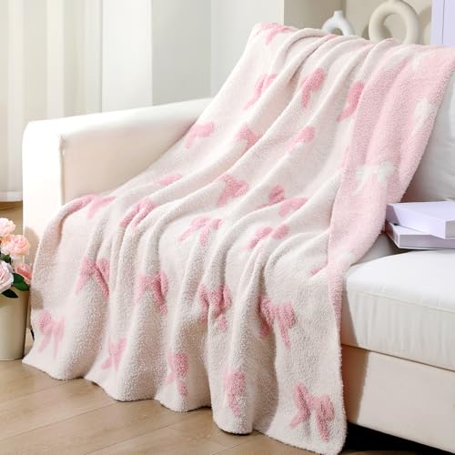 Image of Mindsoft Pink Bow Blanket 50 x 60 Inch Coquette Blanket Soft Preppy Throw Flannel Cozy Lightweight Aesthetic Cute Decoration Bedroom Decor Couch Sofa Chair, Ideal Gift for Sofa Couch Travel Bed