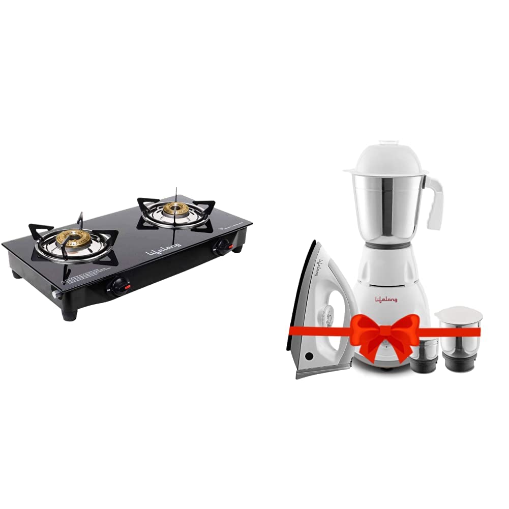 Lifelong LLGS09 Glass Top, 2 Burner Gas Stove, (ISI Certified, Home Service Available, Black) & Lifelong PowerPro 500 Watt 3 Jar Mixer Grinder and 1100 Watt Dry Iron Super Combo