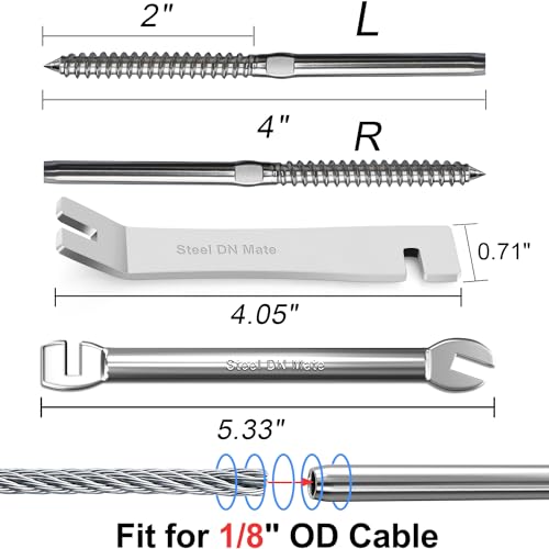 Steel DN Mate 100 Pack T316 Stainless Steel Right&Left Handed Thread Swage Lag Screws for Wood Post of 1/8\" Steel Cable Railing Kit, Cable Railing Hardware, DIY Deck Railings, Wrench Include, DM50