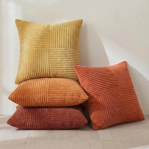 Image of Fancy Homi Set of 4 Boho Fall Decorative Throw Pillow Covers 20x20 Inch for Couch Bed Sofa Bedroom, Modern Farmhouse Home Decor, Soft Cross Striped Corduroy Patchwork Colorful Cushion Case 50x50cm
