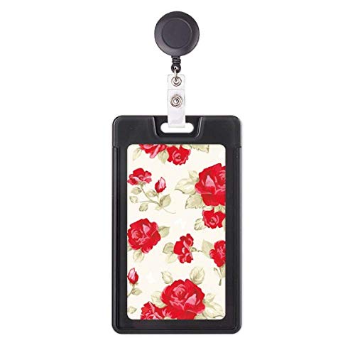Porte-badge rétractable rose rouge avec motif plante enrouleur durable