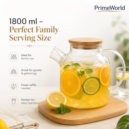 Image of PrimeWorld 1pc 2 Litre Glass Water Jug Wooden Lid, Microwave Safe Glass Borosilicate Teapot with Strainer, Detox Water Bottle Jar for LooseLeaf Maker,Hot /Cold Drink,Iced Tea, Coffee,Juice,Milk