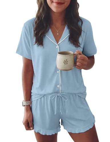 Image of Ekouaer Womens Pajama Sets Button Down Short Sleeve Top and Shorts Cute Ruffled Pjs Sets Sleepwear