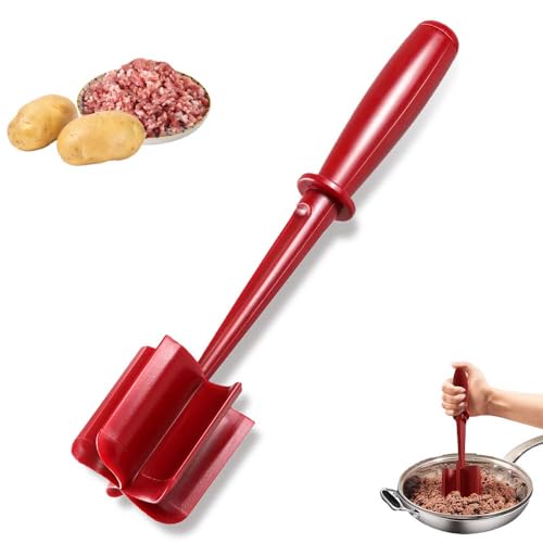 Mince Meat Masher Non-Stick Handheld Masher Multifunctional Heat Resistant Mix Hamburger Chopper Cookware for Home Kitchen Hamburger Meat, Beef, Vegetable, Fruit (Red)