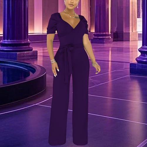 Image of PaladMom Womens Elegant Plus Size Jumpsuits Sexy Back zipper Short Sleeve Mid Waist Wide Leg Straight Rompers